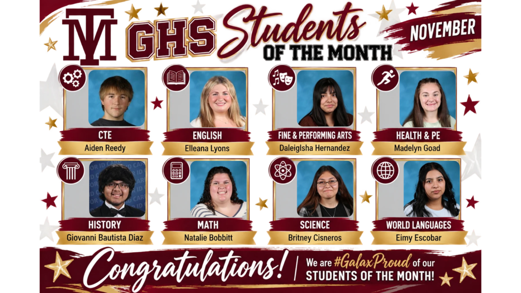 Banner with text "M GHS Students of the Month November" and photos of students with captions showing their names and class.
