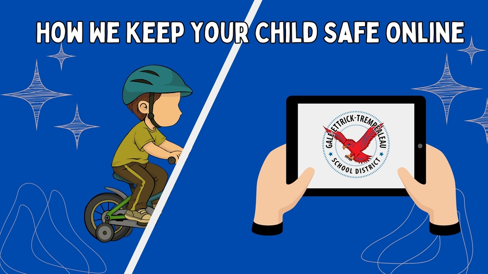 A child riding a bike with training wheels and a helmet on a split screen with a tablet and the Redhawk logo.  The words How We Keep Your Child Safe Online are written on top of the image.