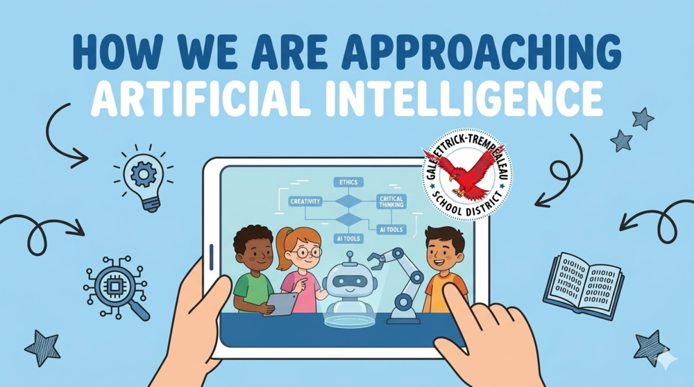 Illustration of children interacting with AI concepts on a tablet.