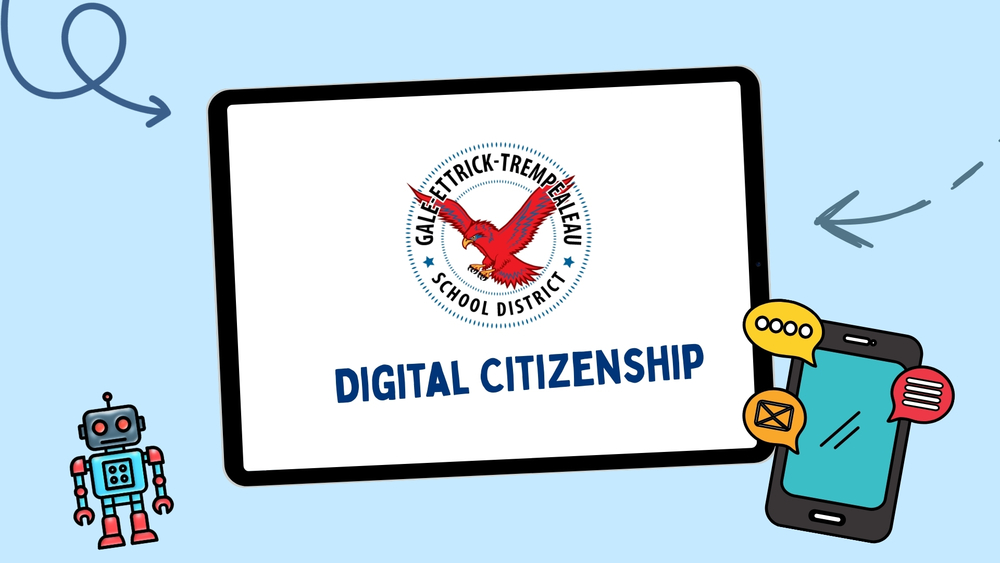 An image of a tablet with the redhawk logo and the words digital citizenship.