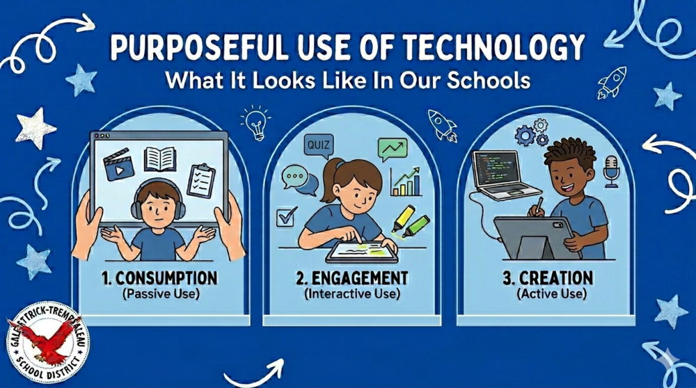 A G-E-T Schools infographic titled "Purposeful Use of Technology: What It Looks Like in Our Schools" showing three cartoon students representing Consumption, Engagement, and Creation.