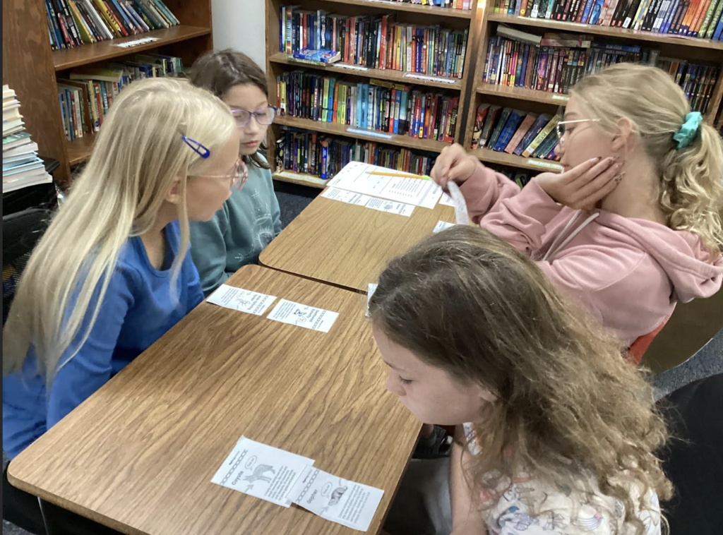 Students playing cards to learn about food chains