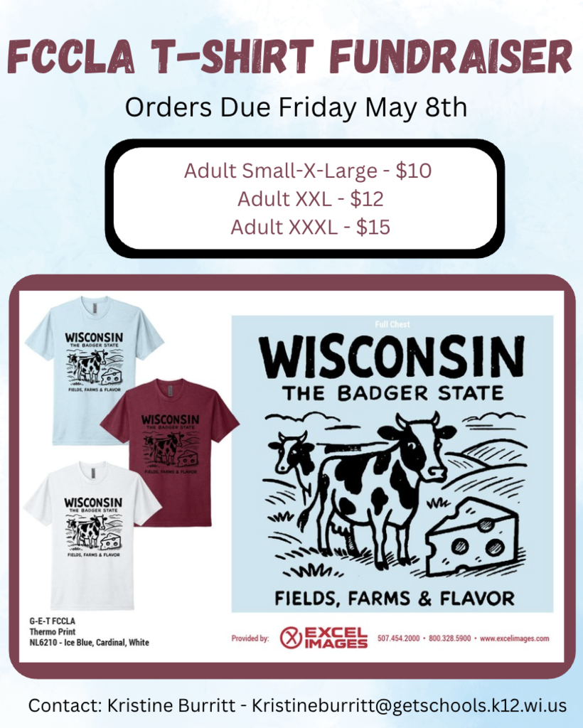 T-shirts come in Light Blue, Dark Red, and White. 