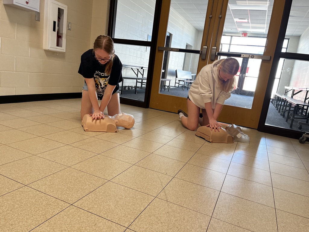Two students practicing CPR on adult mannequins. 