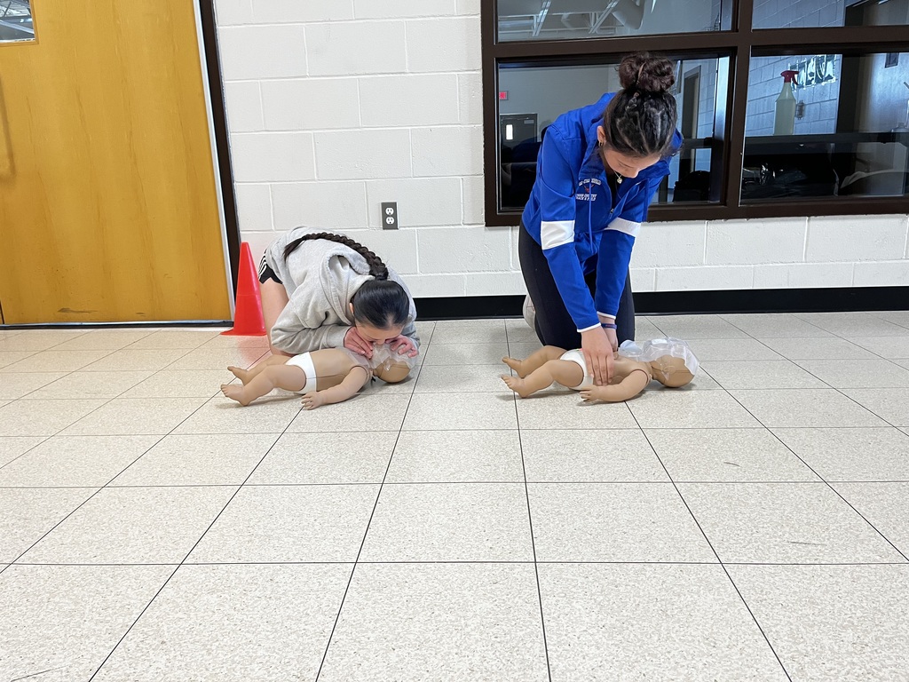 Two students practicing CPR on infant mannequins. 