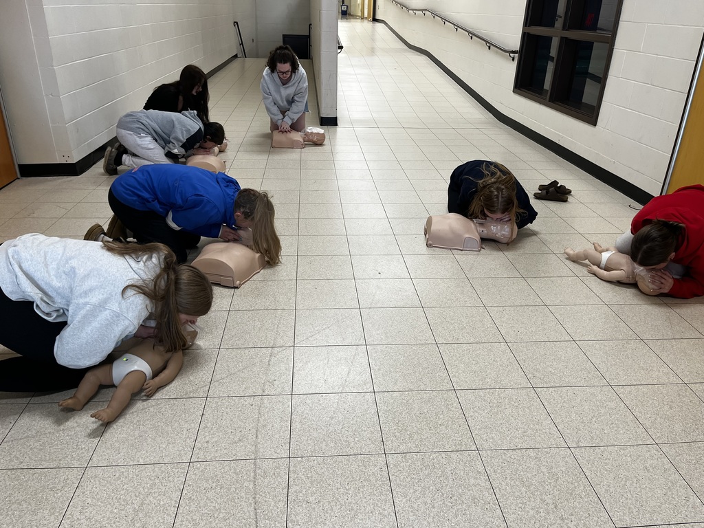 The class  practices CPR on mannequins. 