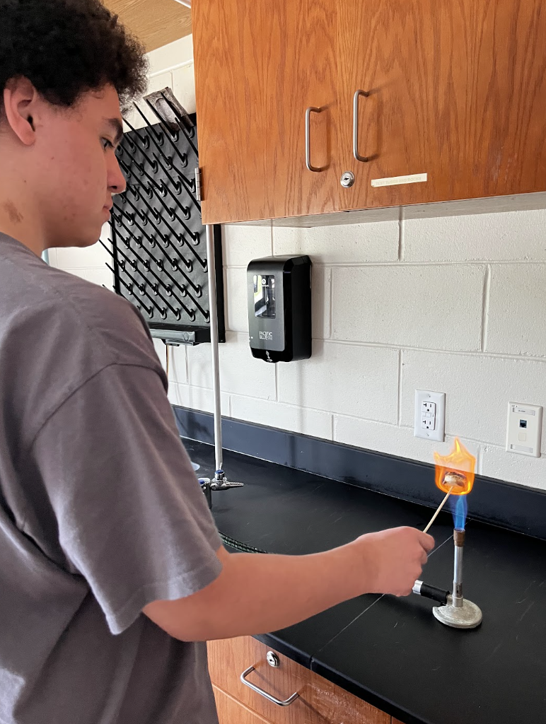 A student carefully roasts their marshmallows over the flame.