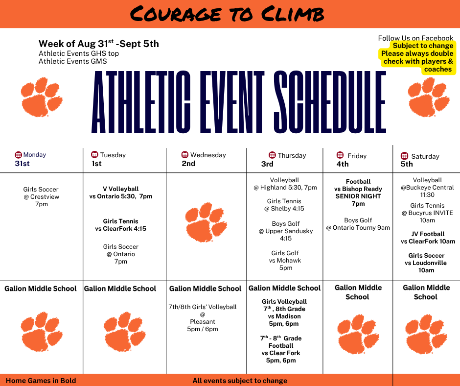 Athletic Schedule wk of 8/31
