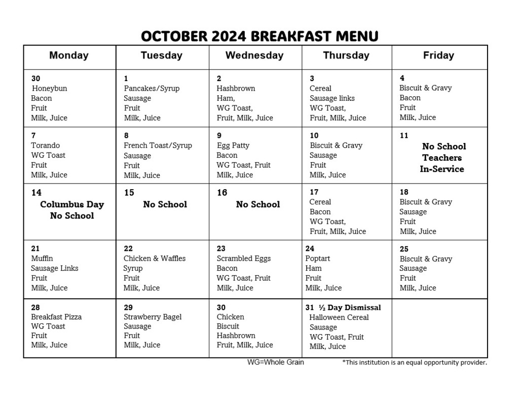 October Breakfast Menu