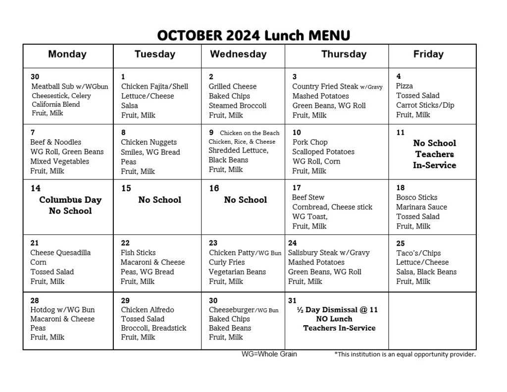 October Lunch Menu