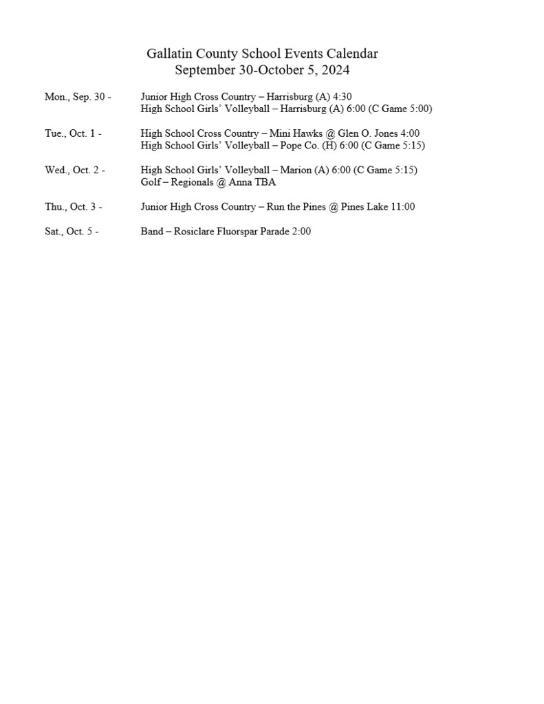 School Events Sep. 30 - Oct. 5