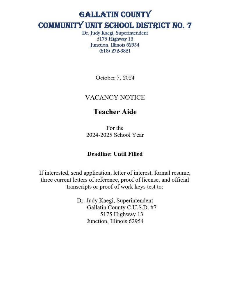 Job Opening Teacher Aide 24-25