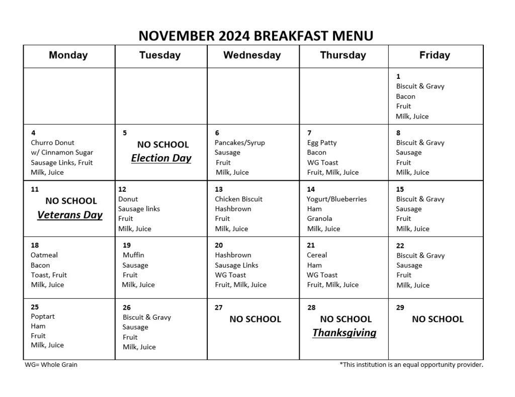 November Breakfast Menu