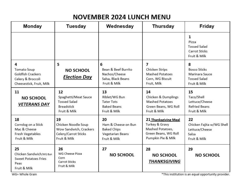 November Lunch Menu