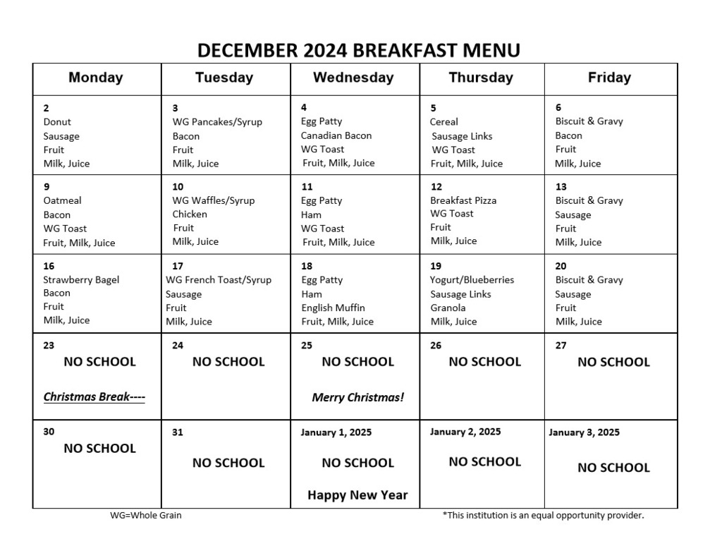 December 2024 Breakfast Menu
