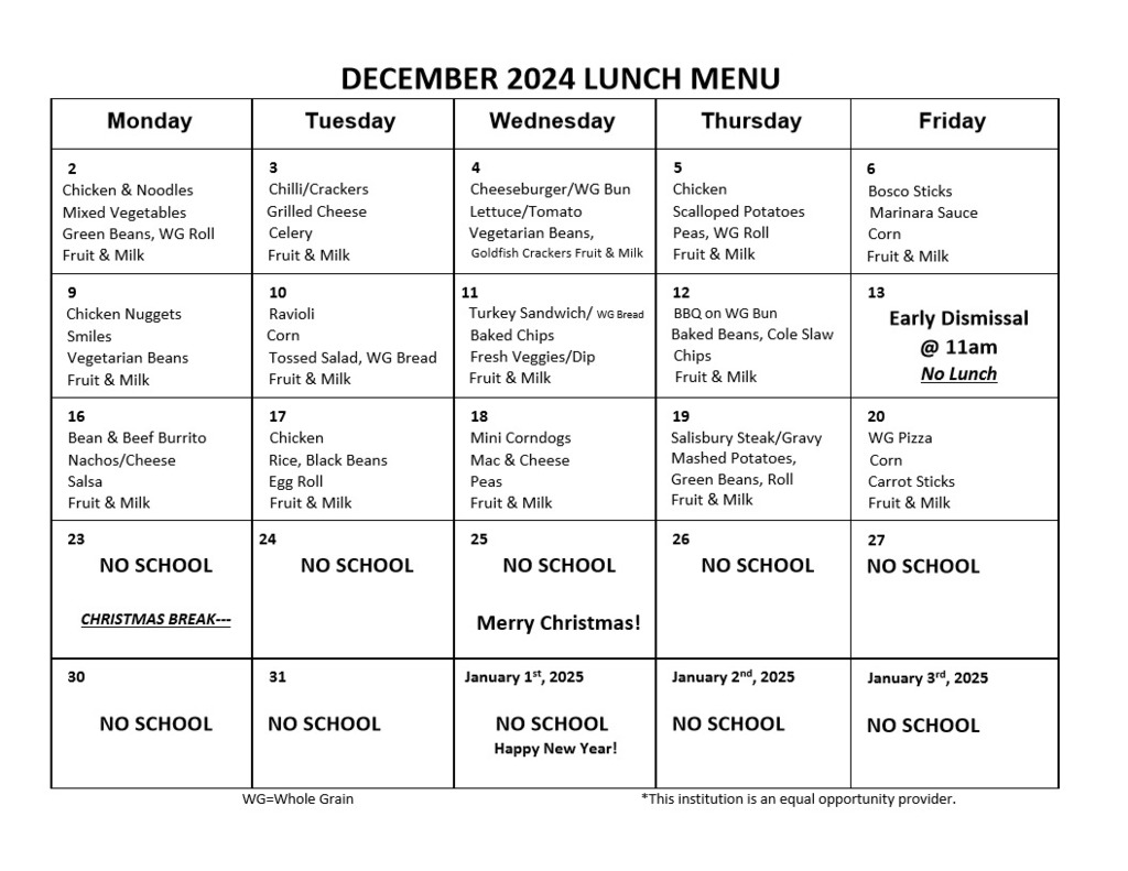 December 2024 Lunch Menu