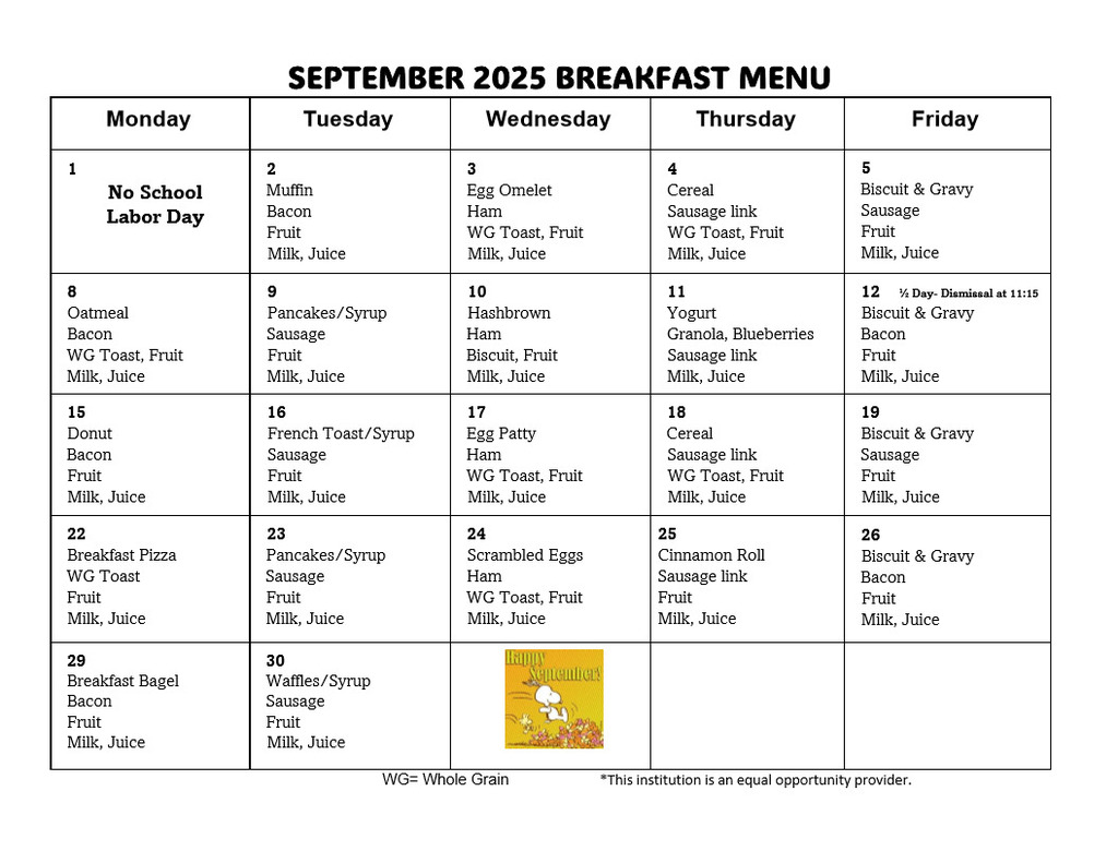 September Breakfast Menu