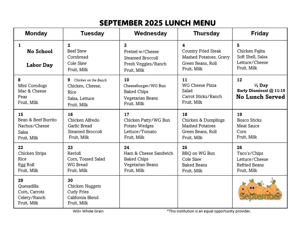 September Lunch Menu