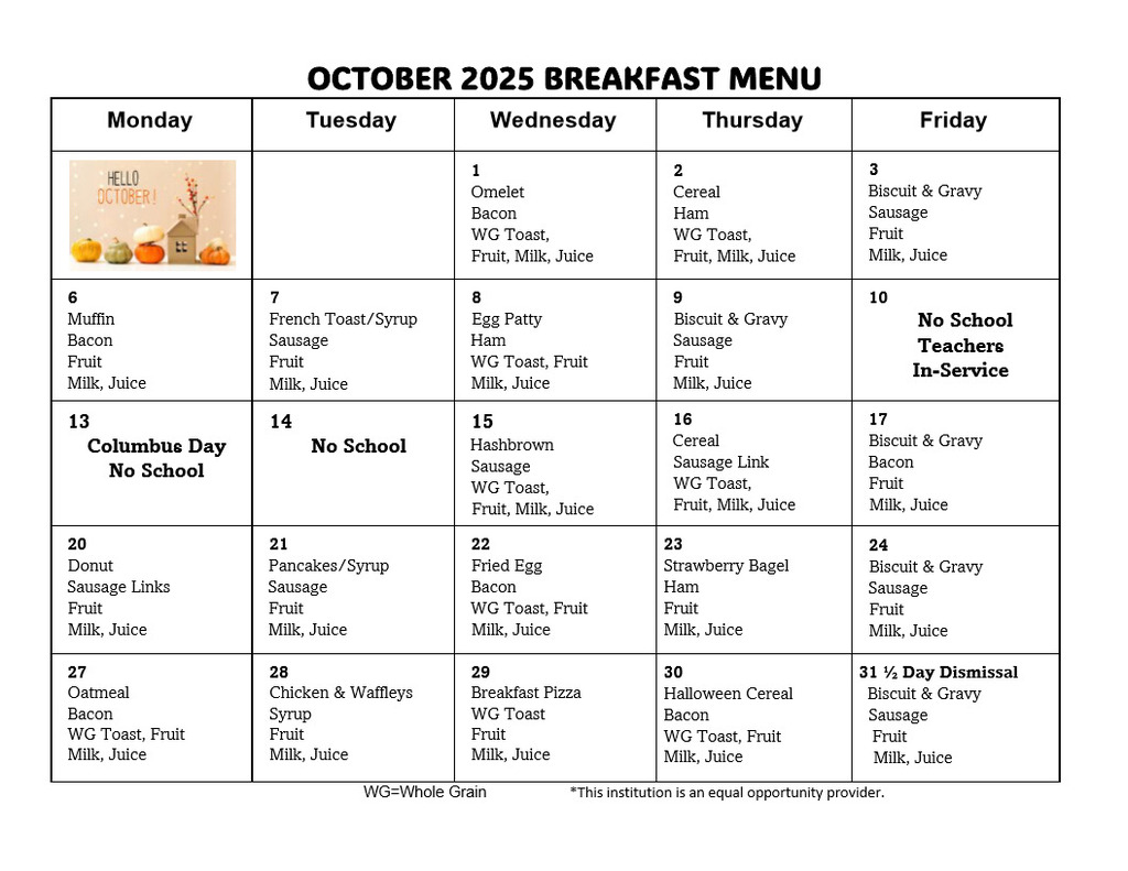 October Breakfast Menu