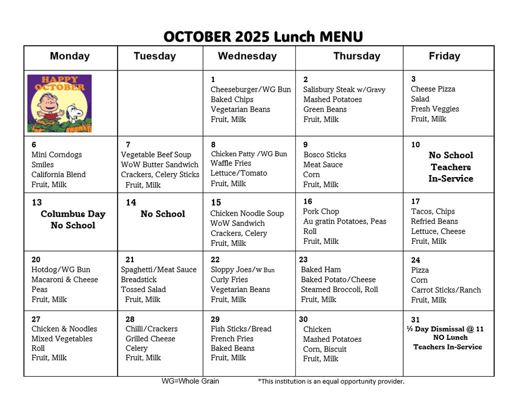 October Lunch Menu