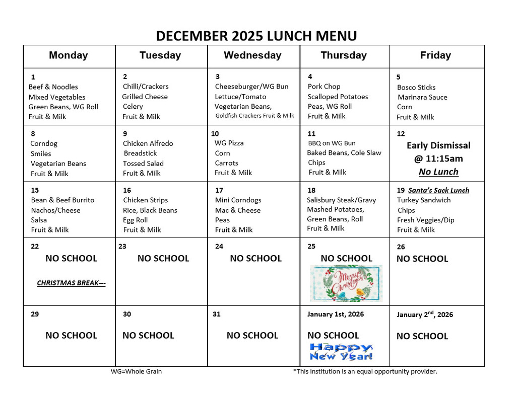 December 2025 Lunch Menu