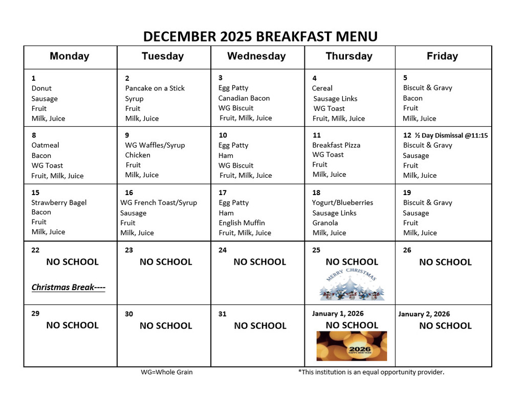 December 2025 Breakfast Menu