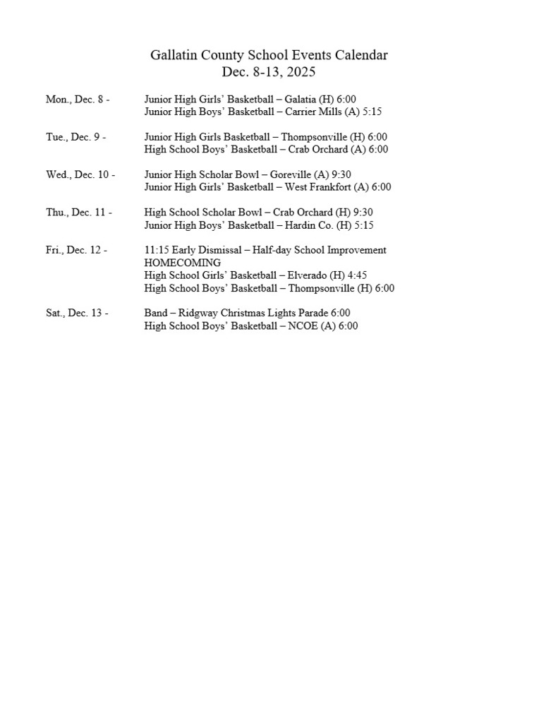 School Events Calendar Dec. 8 - Dec. 13