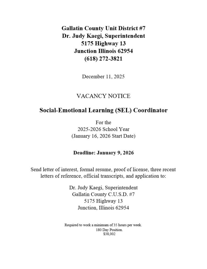 SEL Coordinator 2025-2026 Vacancy Notice