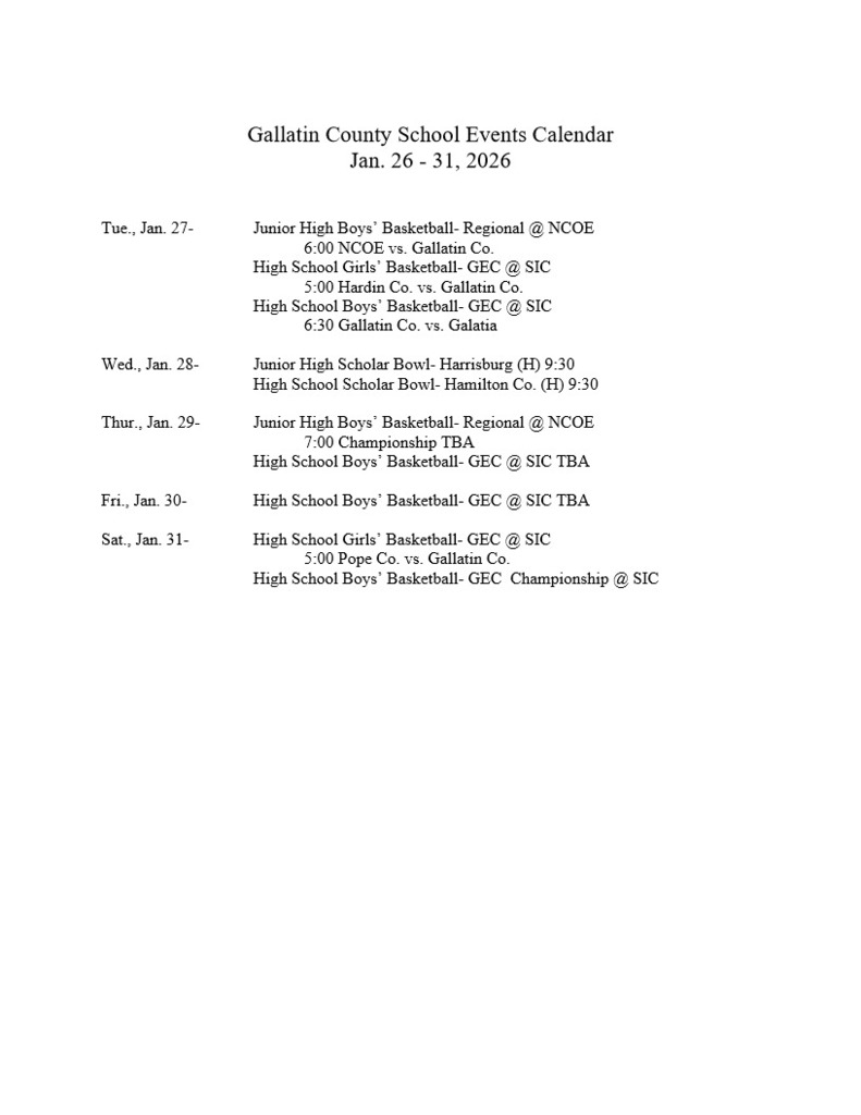 School Events Calendar Jan. 26 - Jan. 31