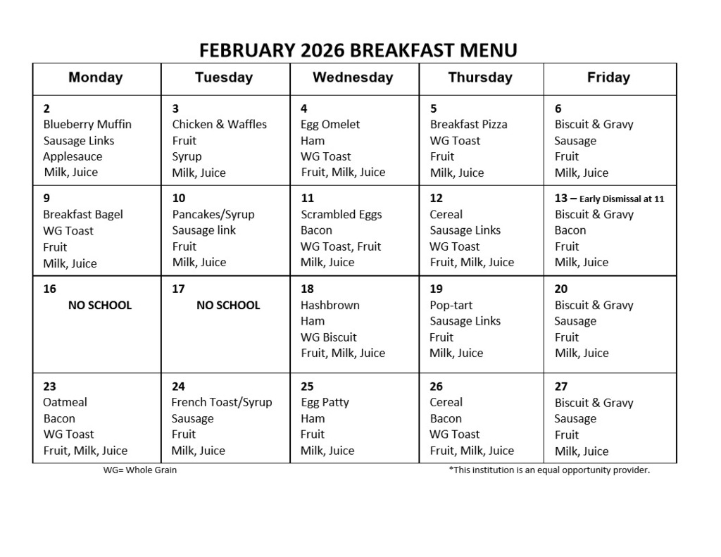 February Breakfast Menu