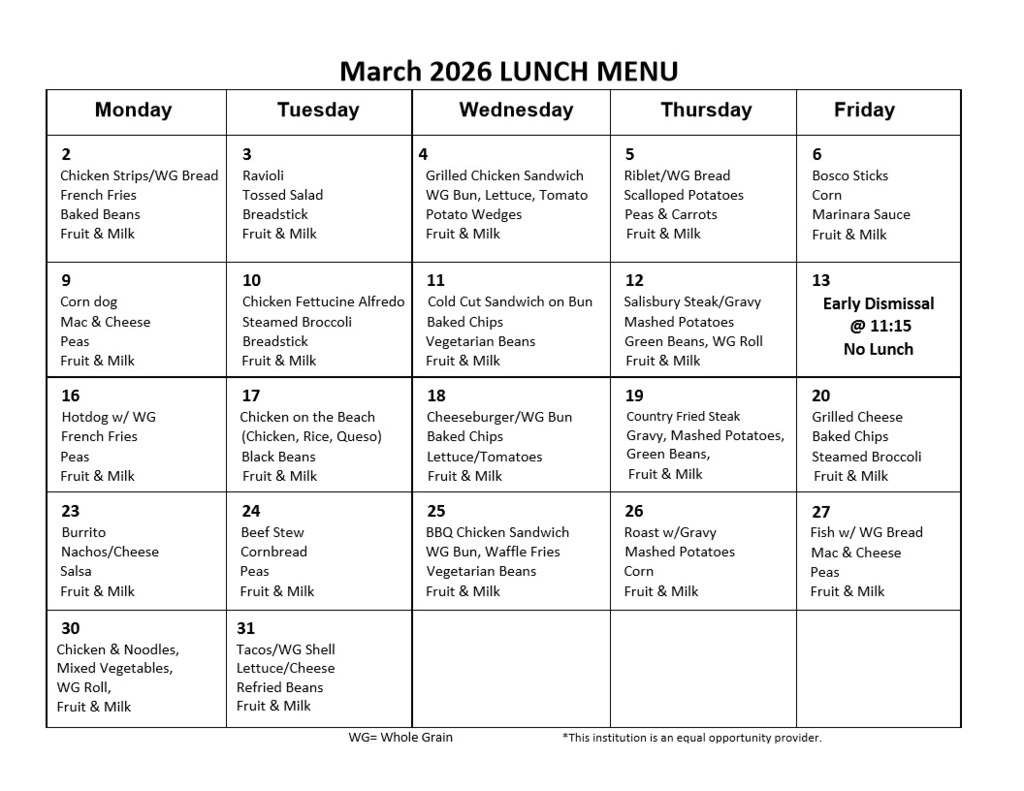 March Lunch Menu