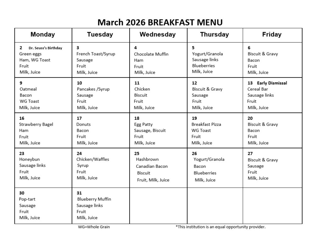 March Breakfast Menu 