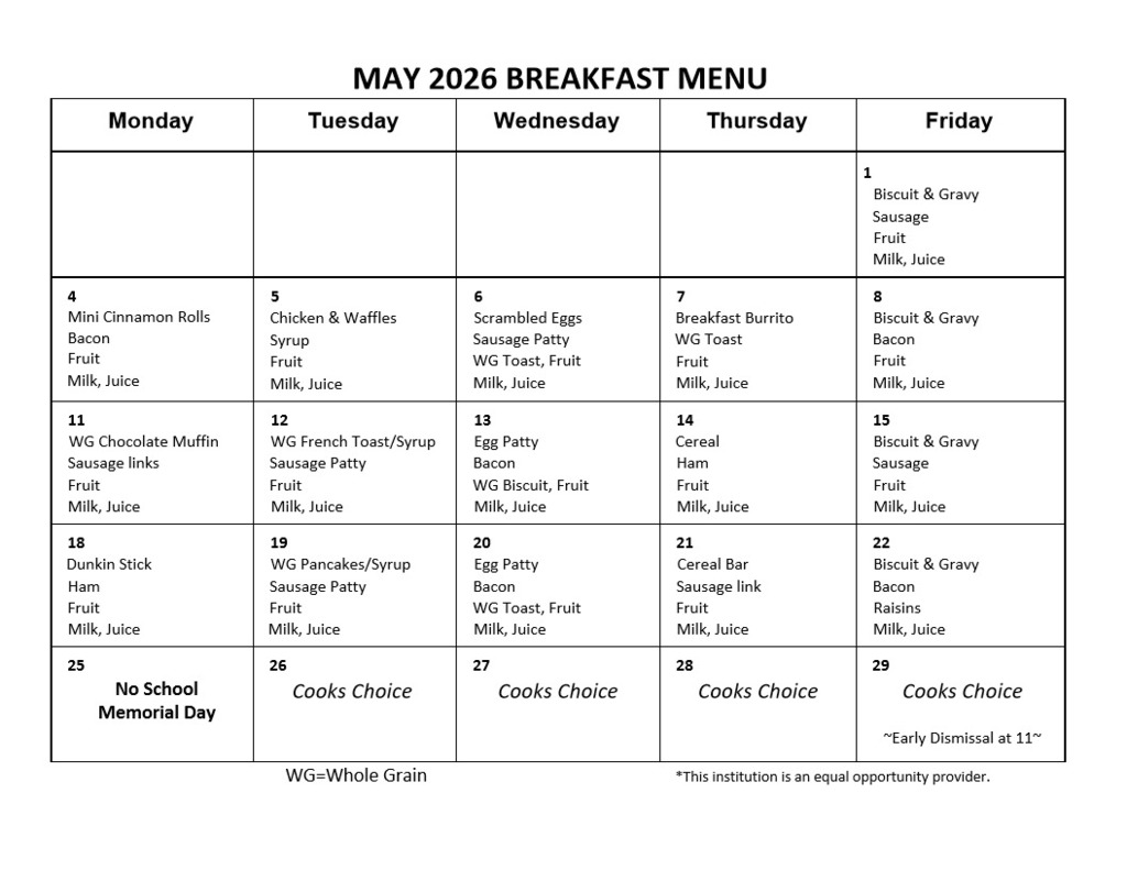 May Breakfast Menu