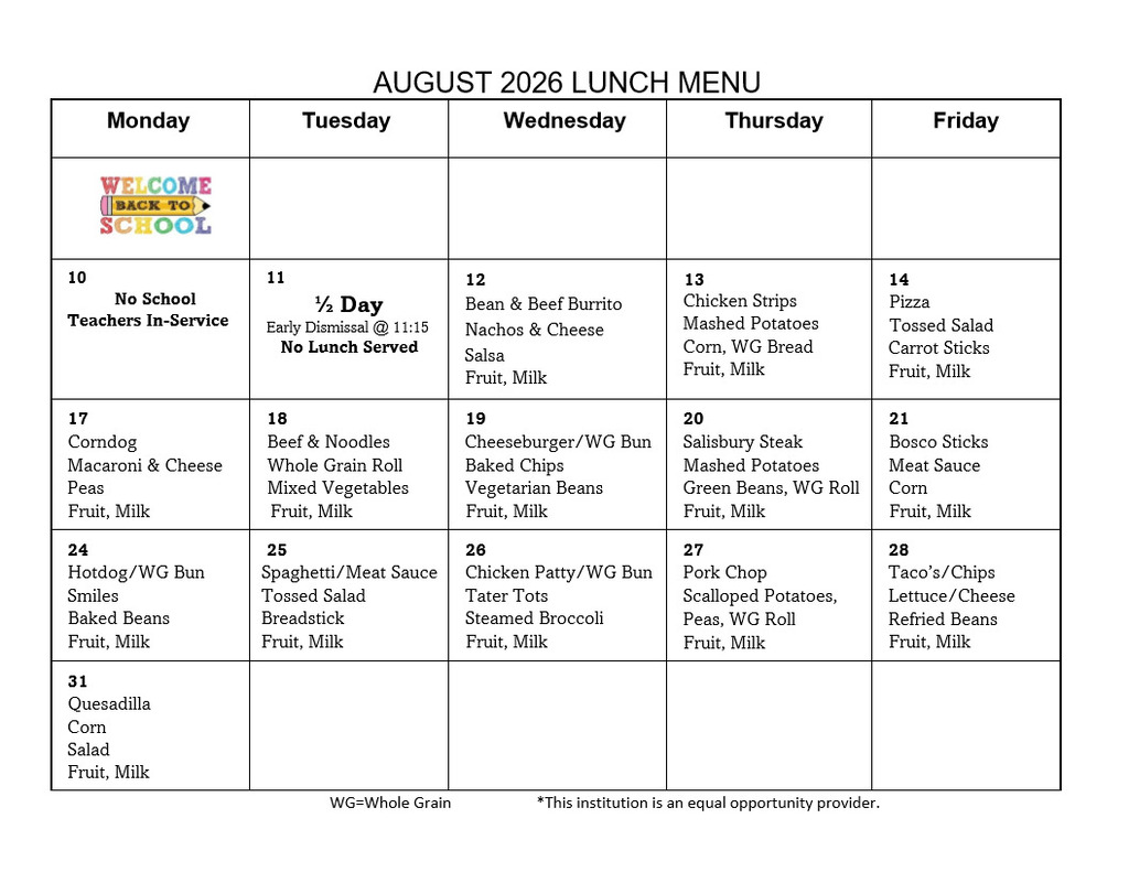 August Lunch Menu