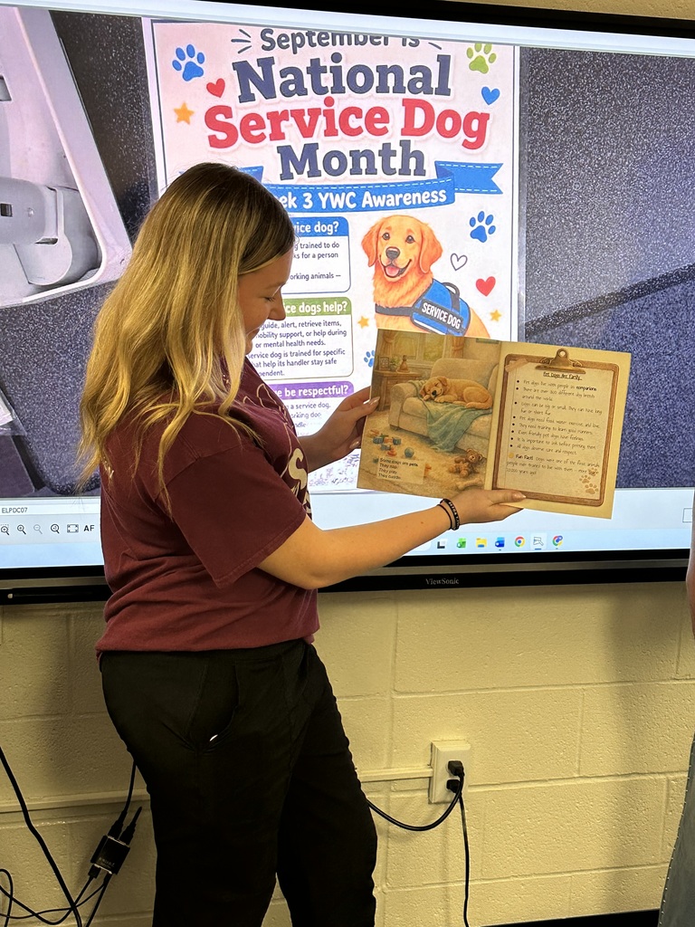 In recognition of National Service Dog Month, Mrs. Jackie Rexing, SEL Specialist and YWC advisor, and McKenna, a junior and YWC member, visited the Elementary classrooms to read to the students and teach them about service dogs. 🐾 Students learned how specially trained service dogs assist people with physical, medical, and emotional needs, helping them feel safer and live more independently. Thank you, McKenna, for helping us spread awareness! 💙