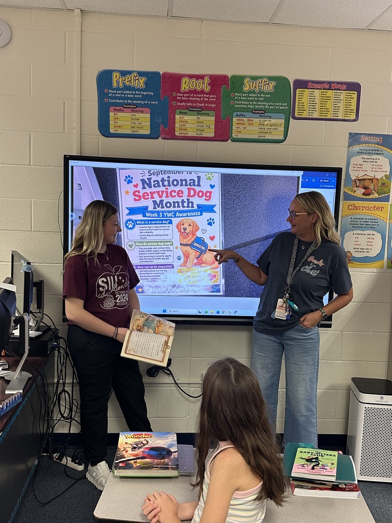 In recognition of National Service Dog Month, Mrs. Jackie Rexing, SEL Specialist and YWC advisor, and McKenna, a junior and YWC member, visited the Elementary classrooms to read to the students and teach them about service dogs. 🐾 Students learned how specially trained service dogs assist people with physical, medical, and emotional needs, helping them feel safer and live more independently. Thank you, McKenna, for helping us spread awareness! 💙
