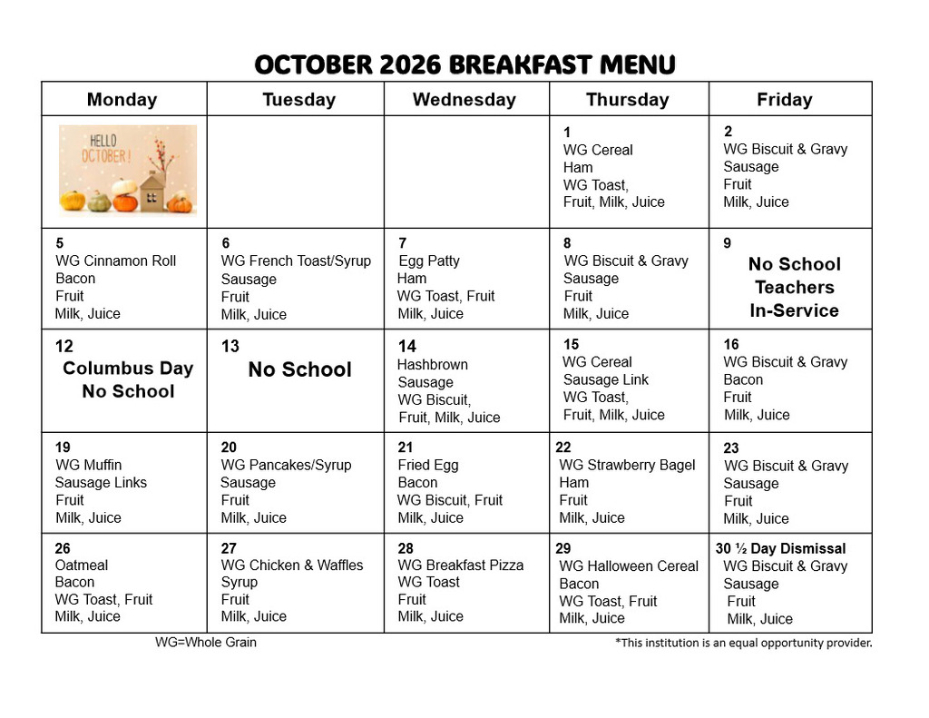 October Breakfast Menu