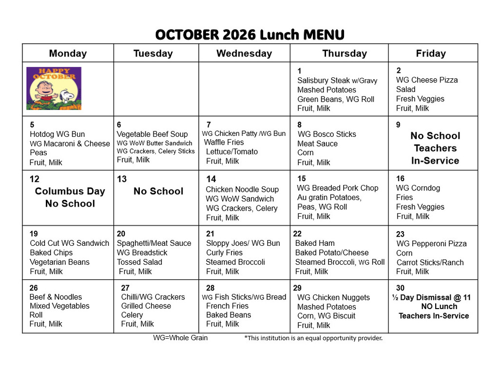October Lunch Menu