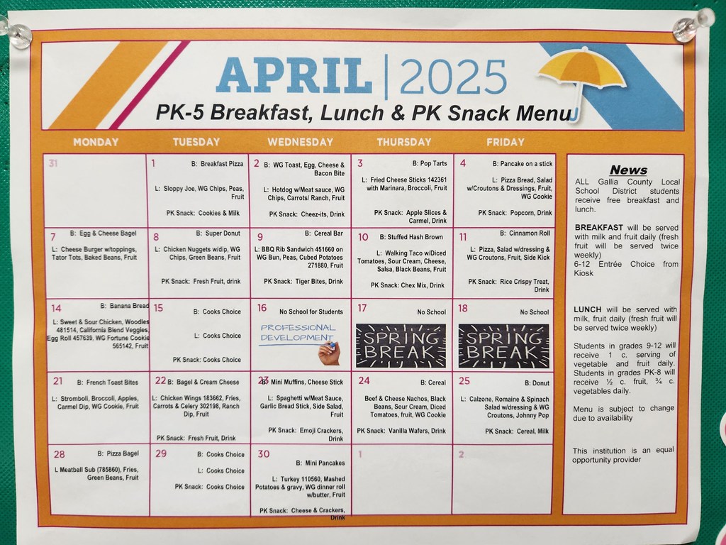 April lunch menu