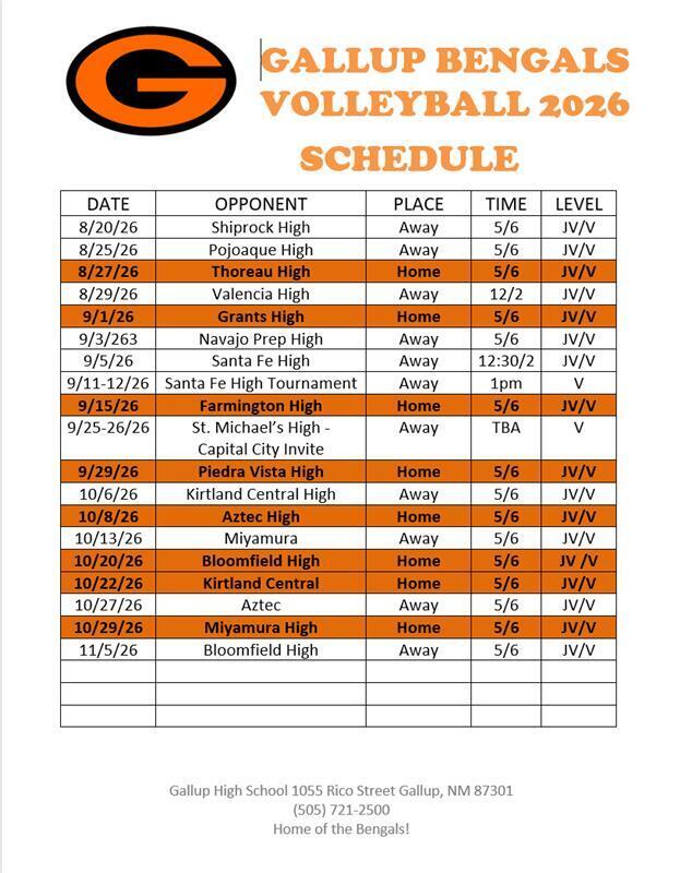 Gallup Bengals Volleyball 2026 Schedule