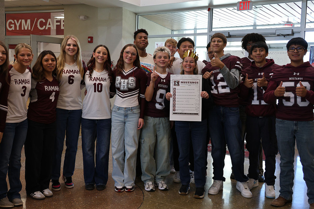 Ramah High Schoolers at Ramah Elementary with Principal Tietjen after the annual homecoming assembly