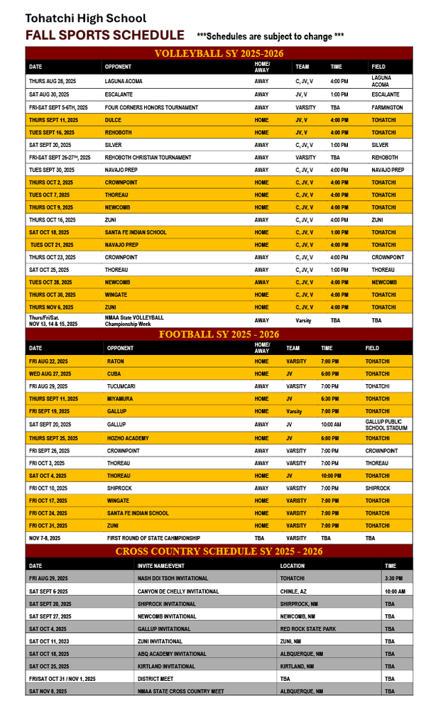 TOH Fall Sports Schedule 