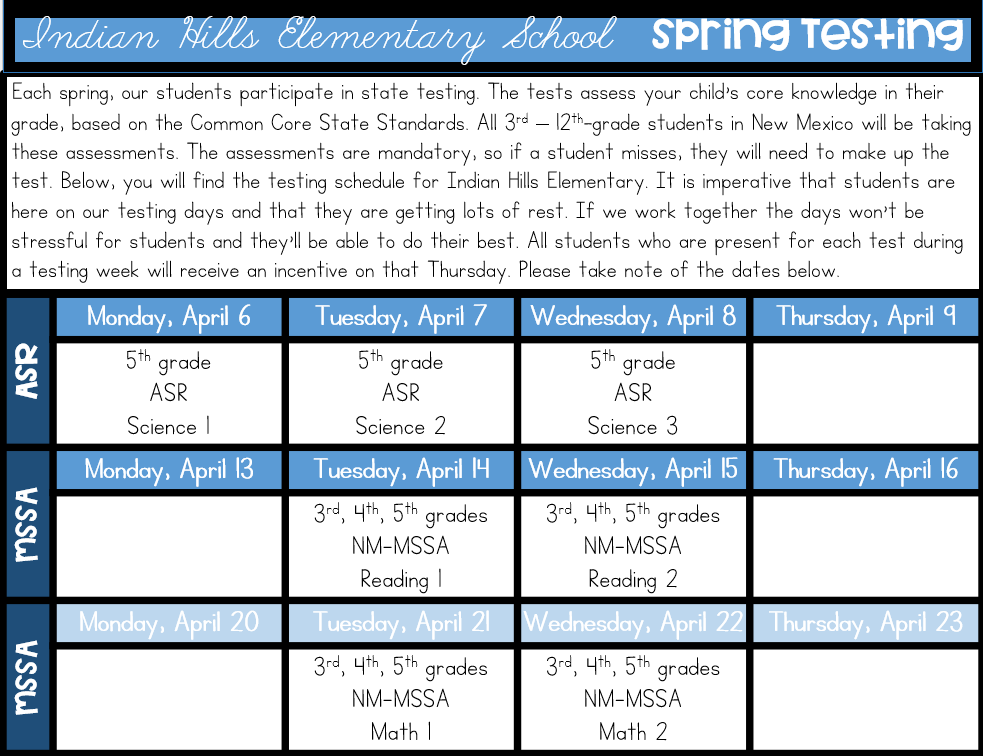 Spring Testing Schedules 2026