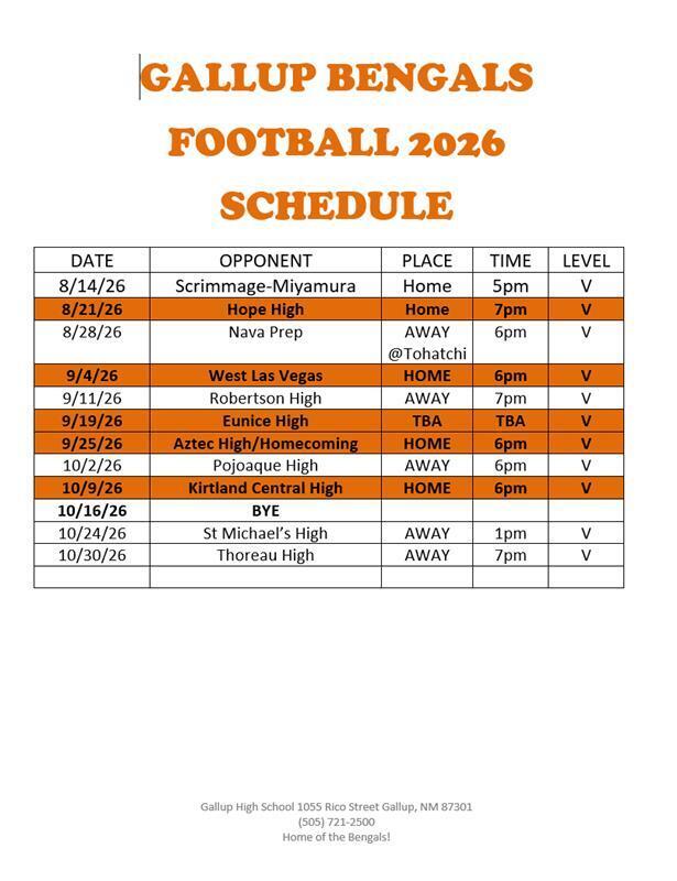 Gallup Bengals Football 2026 Schedule