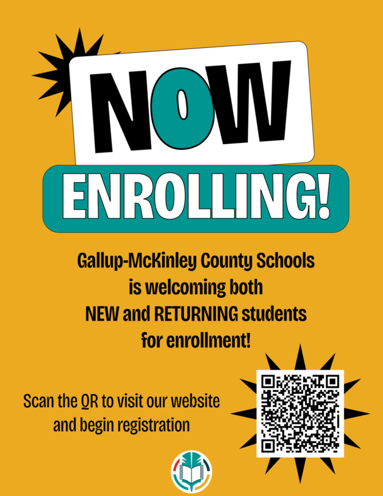 Bright yellow poster. Bold black text reads "NOW ENROLLING!" below it. QR code below for website registration.