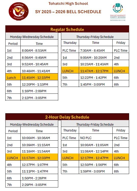 TOH Bell Schedule for SY 2025-2026