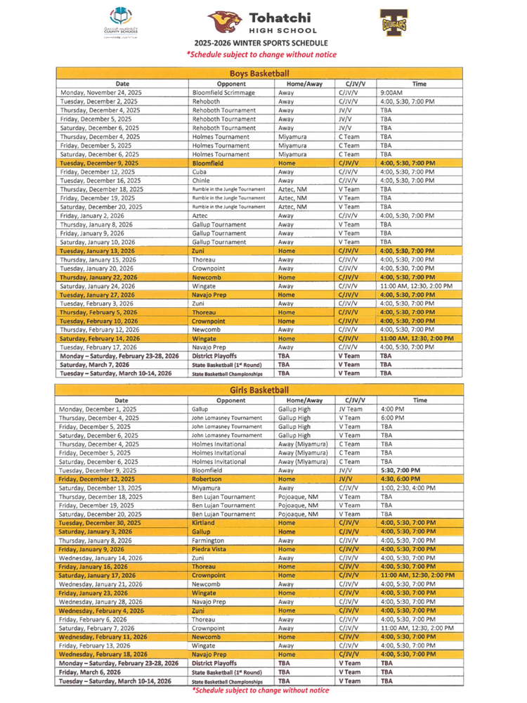 Winter Sports Schedule