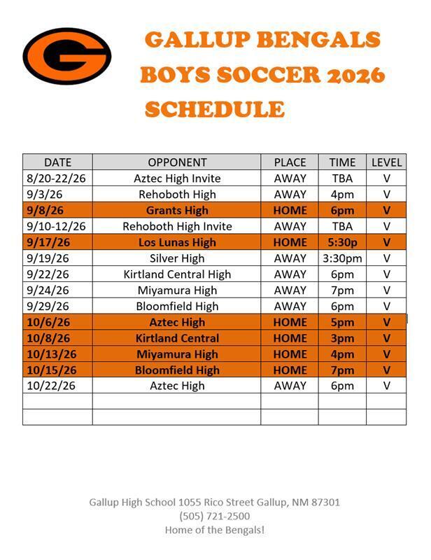 Gallup Bengals Boys Soccer 2026 Schedule
