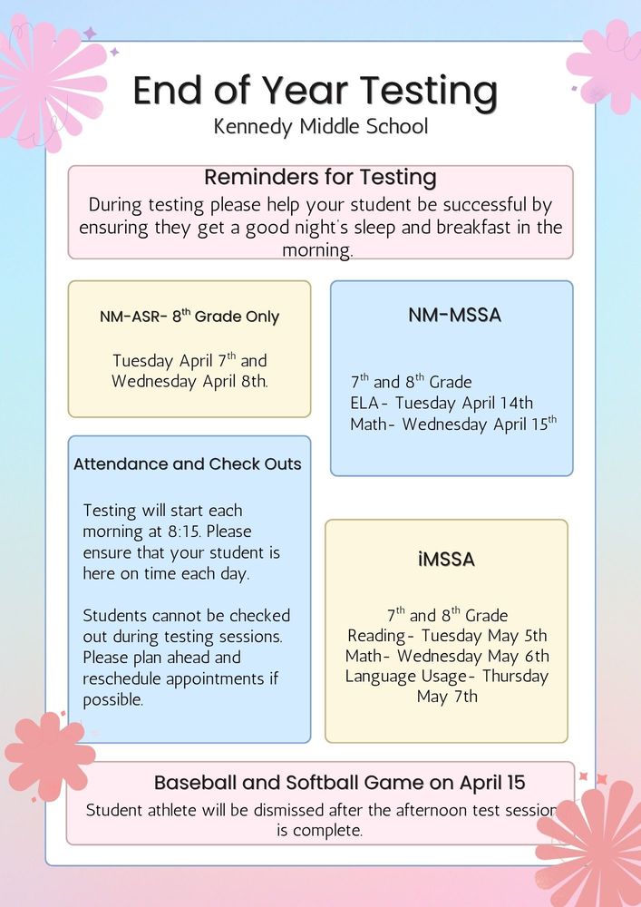 Image showing the testing schedule and important reminders