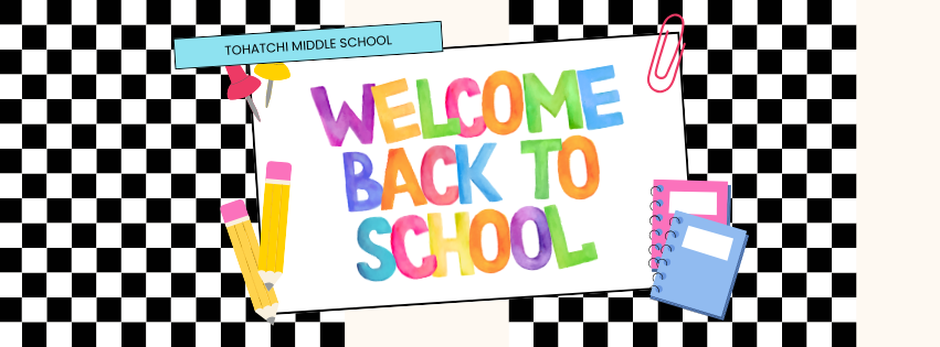 Welcome Back to School text with blacka nd white checkered background.
